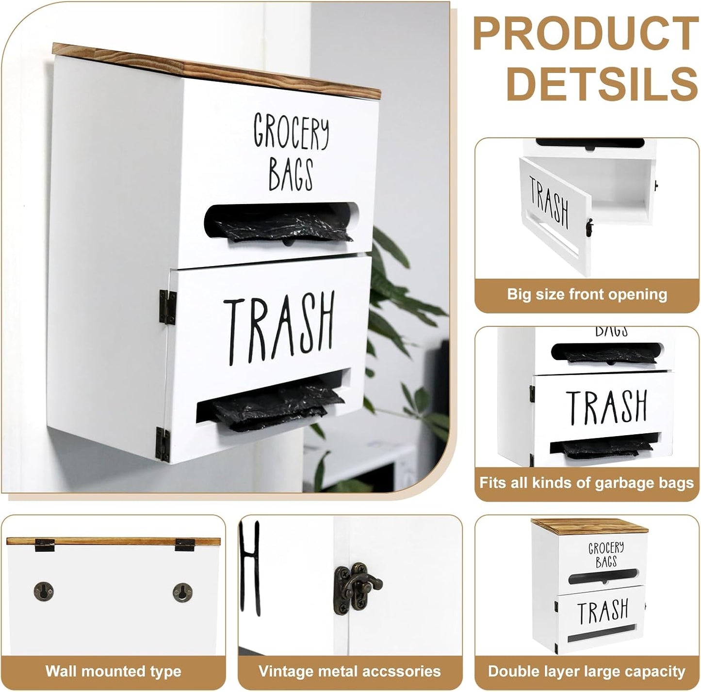 2 in 1 Trash Bag Dispenser, Double Wall Mounted,Wood Trash Bag Holder, used in kitchen, garage, laundry room, can store Environmentally friendly food bags and garbage bags (White)