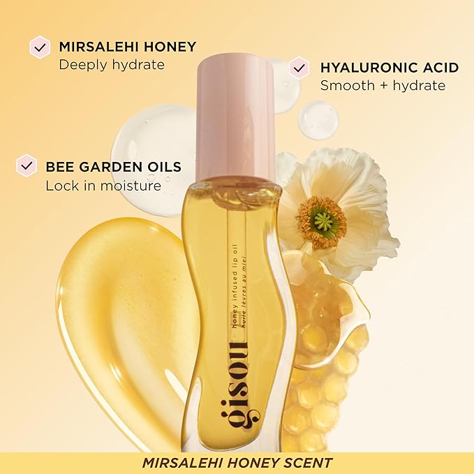 Gisou Honey Infused Hydrating Lip Oil, Nourishing Moisturizer for Dry Lips, High Shine, Smooth Finish, Clear Golden Glow, Fresh Honey Scent, 8ml