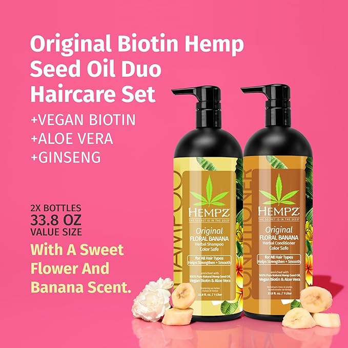 HEMPZ Shampoo & Conditioner Set - Original Floral & Banana Scent for Dry, Damaged, Color Treated Hair - Hydrating, Softening, Moisturizing Vegan Biotin for All Hair Types Duo Set - 33.8 fl oz