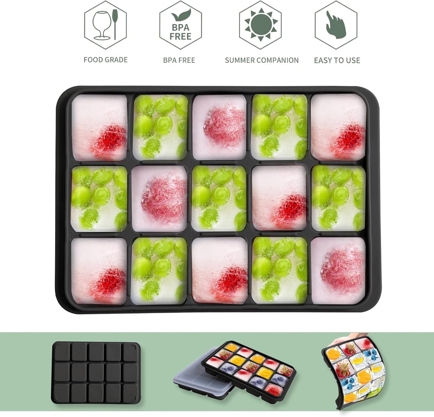 Tvmania Ice Cube Trays Set of 2, Easy Release 15 Flexible Silicone Ice Cube Molds with Removable Lid Reusable Freezer Ice Trays Stackable for Whiskey, Baby Food, BPA Free (black)