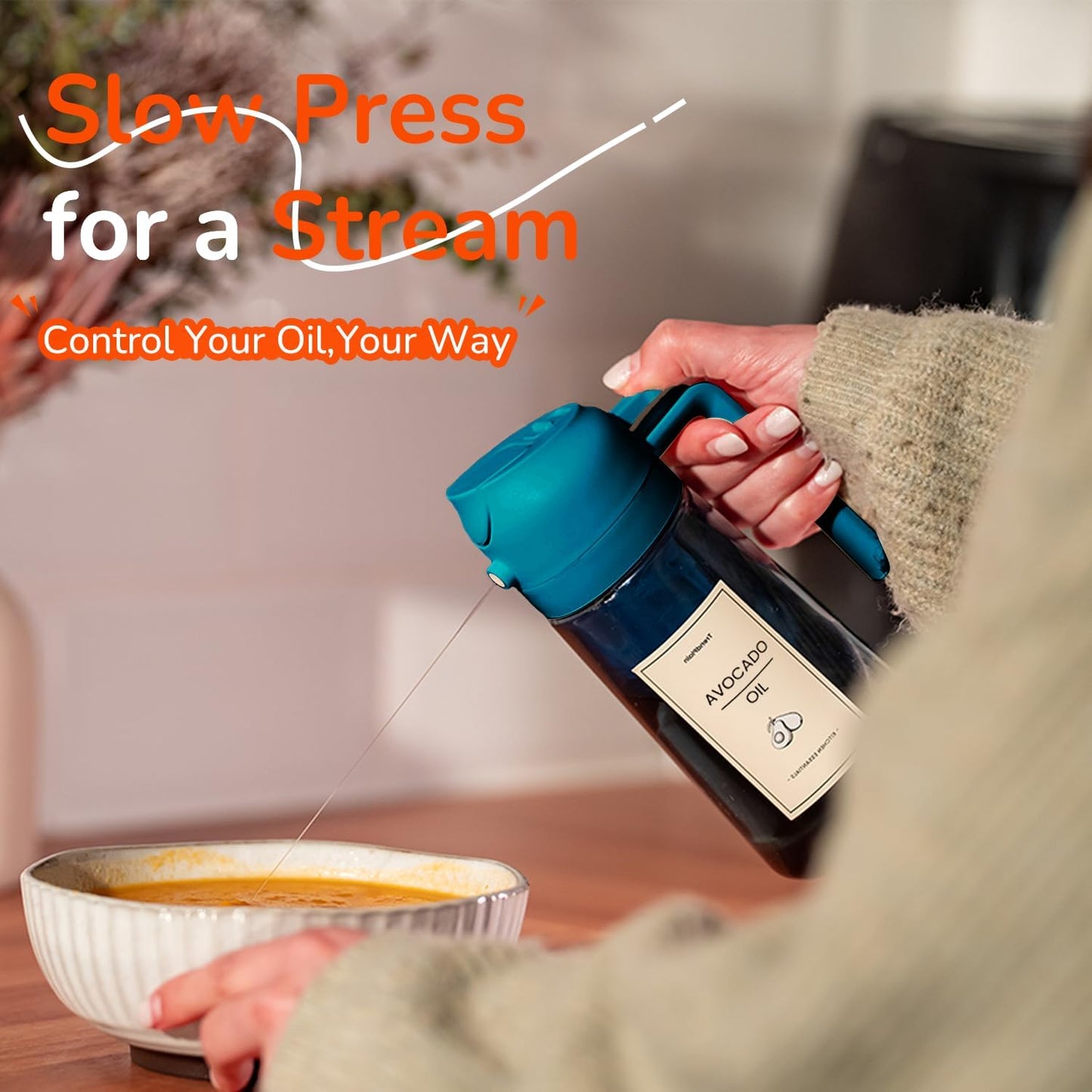 TrendPlain 16oz/470ml Blue Glass Olive Oil Sprayer for Cooking - 2 in 1 Olive Oil Dispenser for Kitchen Gadgets, Air Fryer, Salad, and BBQ (1 Pack, Black & Navy)