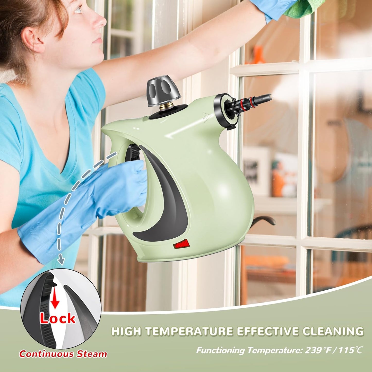 Spurgehom Handheld Steam Cleaner, Portable Steamer with Large Capacity,11-Piece Accessory Set for Floor, Car, Carpet, Upholstery, Couch, Tile, Windows Cleaning (Green)