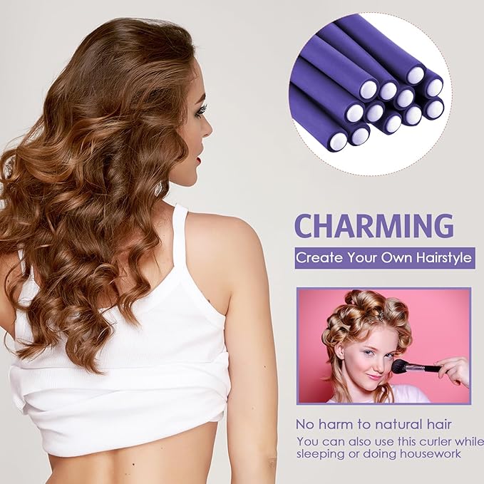 36 Pieces Flexible Foam Curling Rods Twist Foam Hair Roller Bendy Soft No Heat Rollers and Brush Rat Tail Comb for Women Short, Medium, Long Hair(0.32 x 9.4 Inch,Purple)