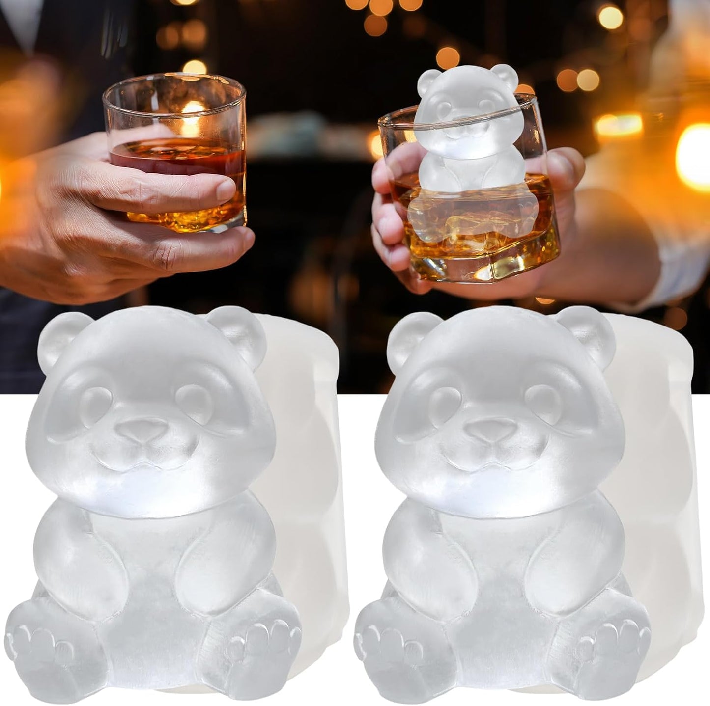 3D Panda Ice Cube Silicone Molds Tray for Whiskey, Cocktail, Drink Decor, Bar; Rich Details. Cute Gifts for Women Kids Girls Boys, Fun Animal Shape Soap Epoxy Resign Mold; 2 Pack