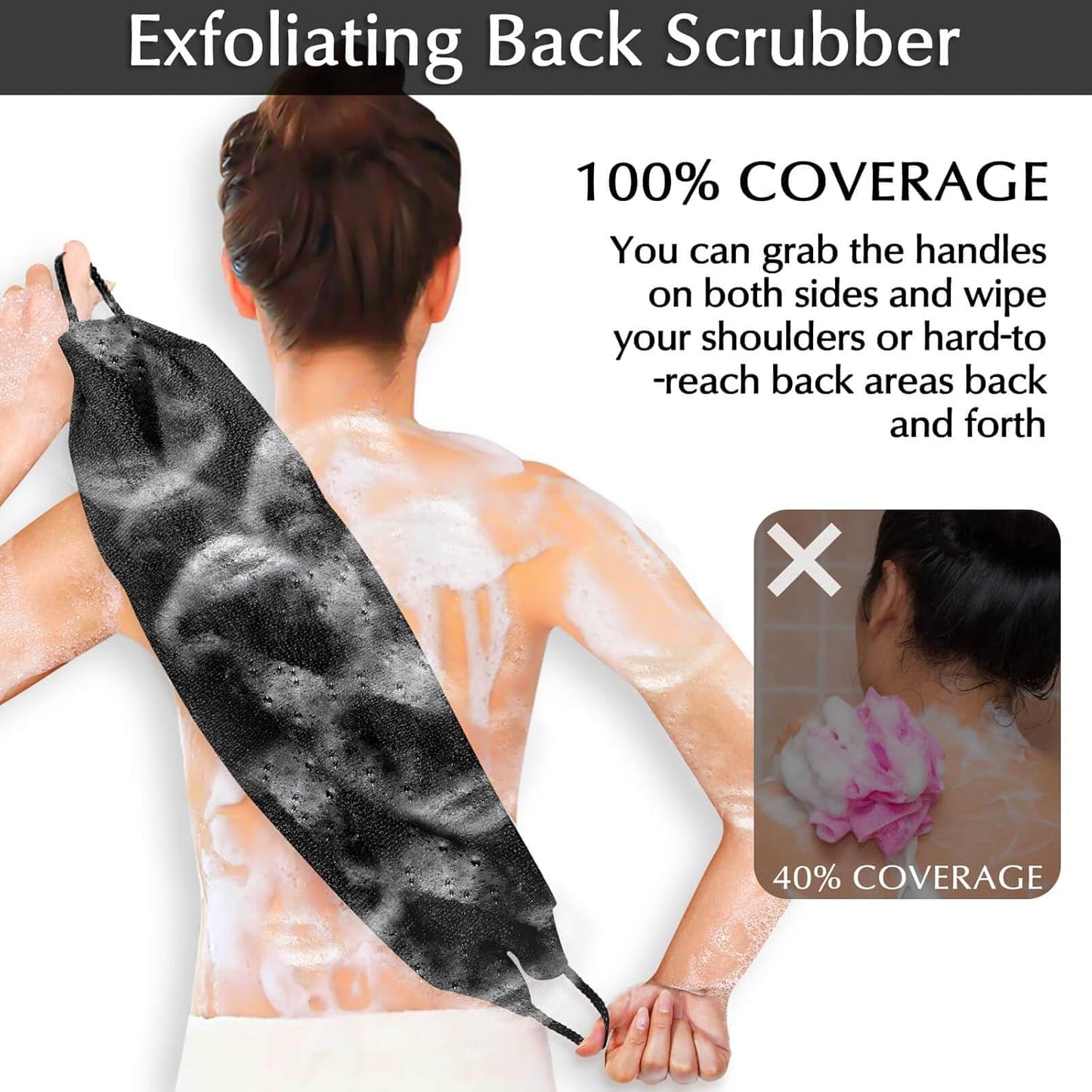 Anezus Exfoliating Back Scrubber Bath Gloves Set, Exfoliating Shower Towel with Shower Gloves for Body Scrub, Back Cleaner Wash Gloves to Remove Dead Skin (Black)