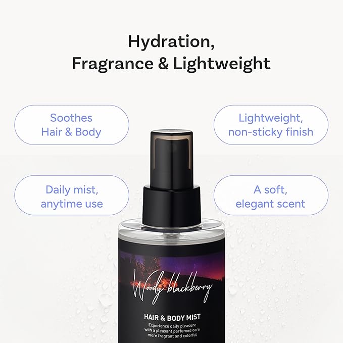 Korean Hair & Body Mist – Botanical Waters & 17 Amino Acids – Sulfate, Paraben & Silicone-Free – Woody DarkBerry, 125ml / 4.22 fl oz