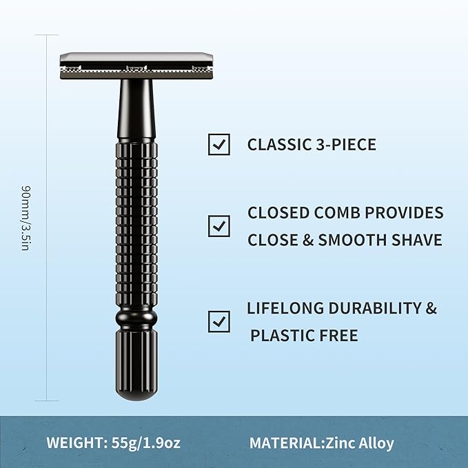 Gearhub Double Edge Safety Razor Reusable Stainless Metal Wet Shaving Razor with 10 Swedish Platinum Blades for Men Women Barber Bikini Armpit Hair, Matte Gunmetal Black GR131