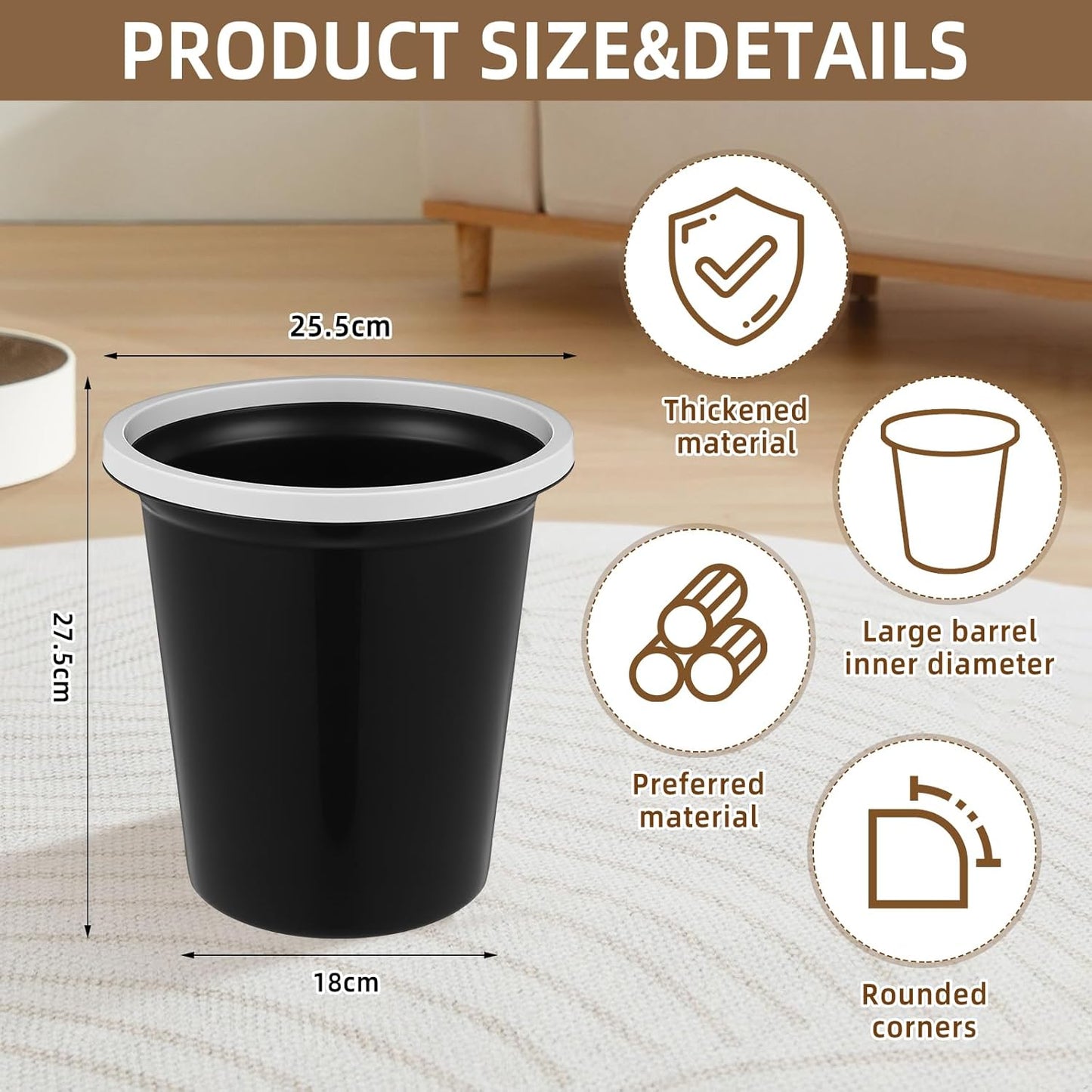 Maxdot 36 Pcs Bathroom Trash Cans Bulk 2 Gallon Small Waste Basket Round Garbage Can Plastic Trash Bin Small Container for Home Dorm Kitchen Office Living Room Study Compact Spaces(Black)