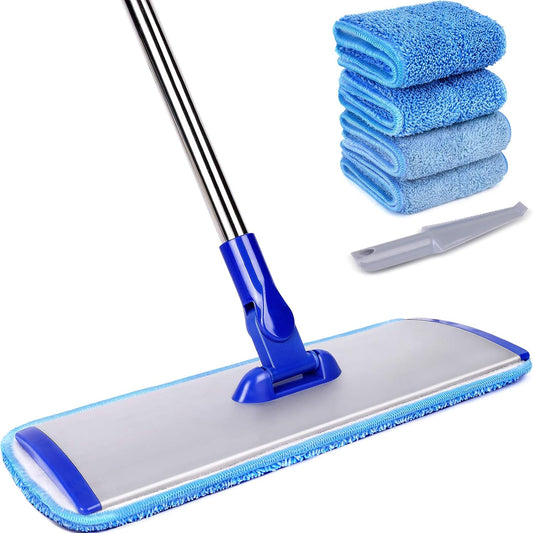 18" Professional Microfiber Mop Floor Cleaning System, Flat Mop with Stainless Steel Handle, 4 Reusable Washable Mop Pads, Wet and Dust Mopping for Hardwood, Vinyl, Laminate, Tile Cleaning