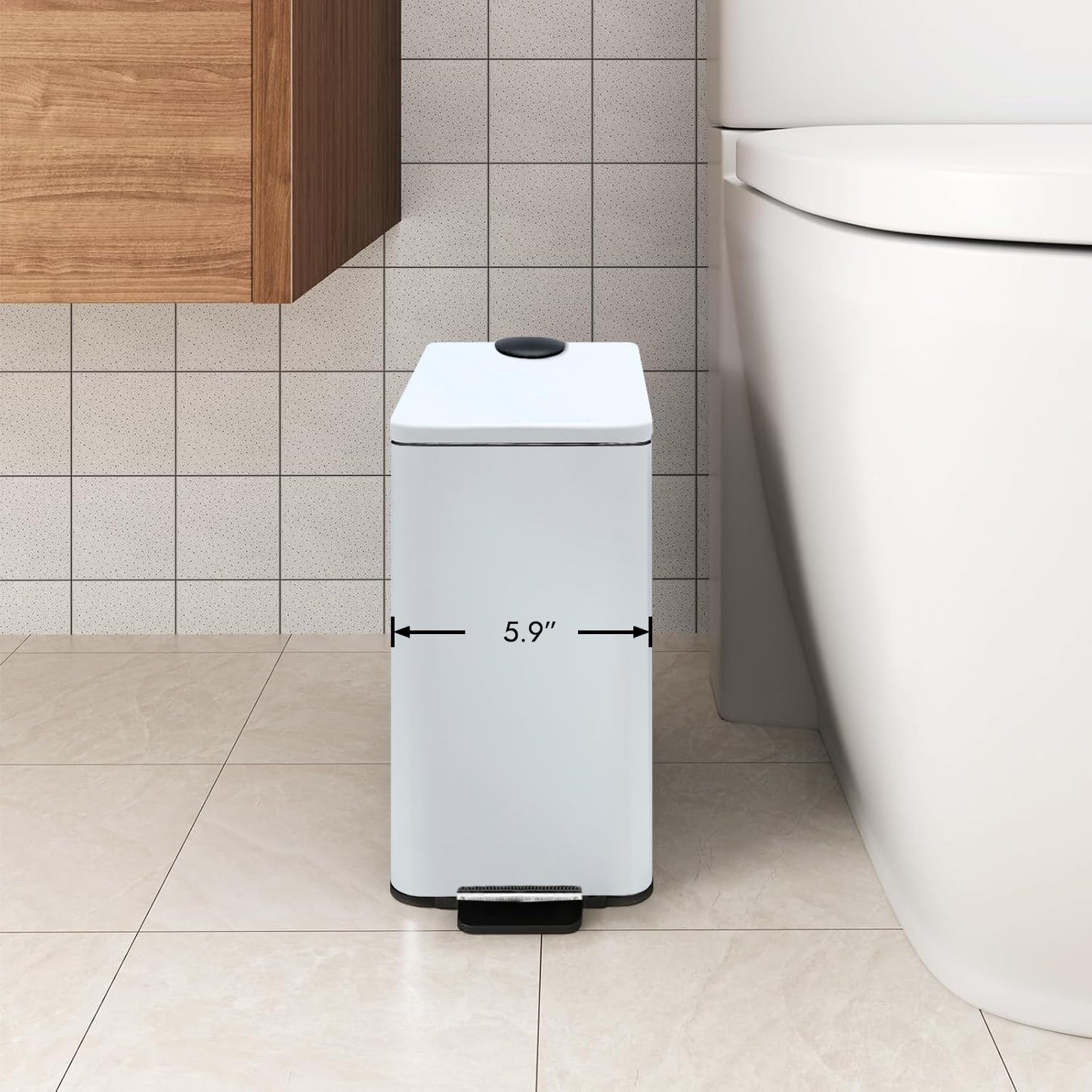 Stainless Steel Small Trash Can with Lid & Step Pedal - 6 Liters/1.6 Gallon Soft Close Garbage Can with Removeable Inner Bucket - Trash Cans for Bathroom, Bedroom, Kitchen & Office (White)