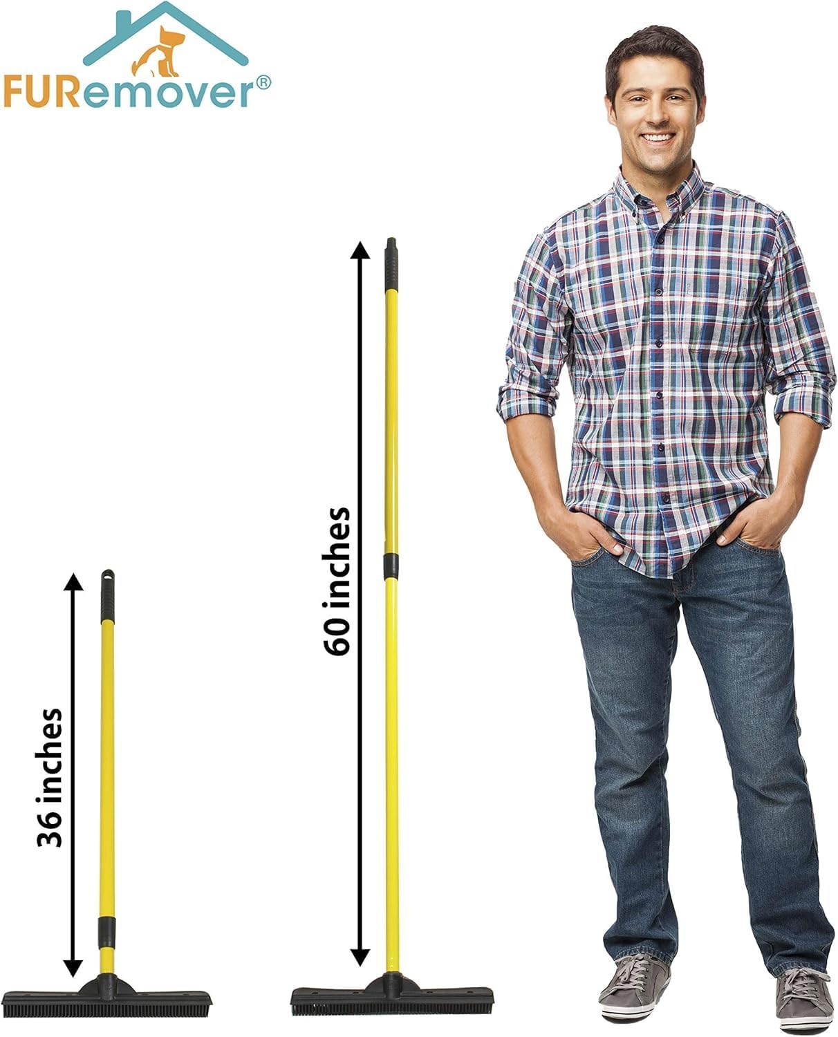 FURemover Original Pet Hair Rubber Broom with Squeegee, with 58” Telescopic Handle for Carpet, Tile and Hardwood and Handheld Lint Brush Combo