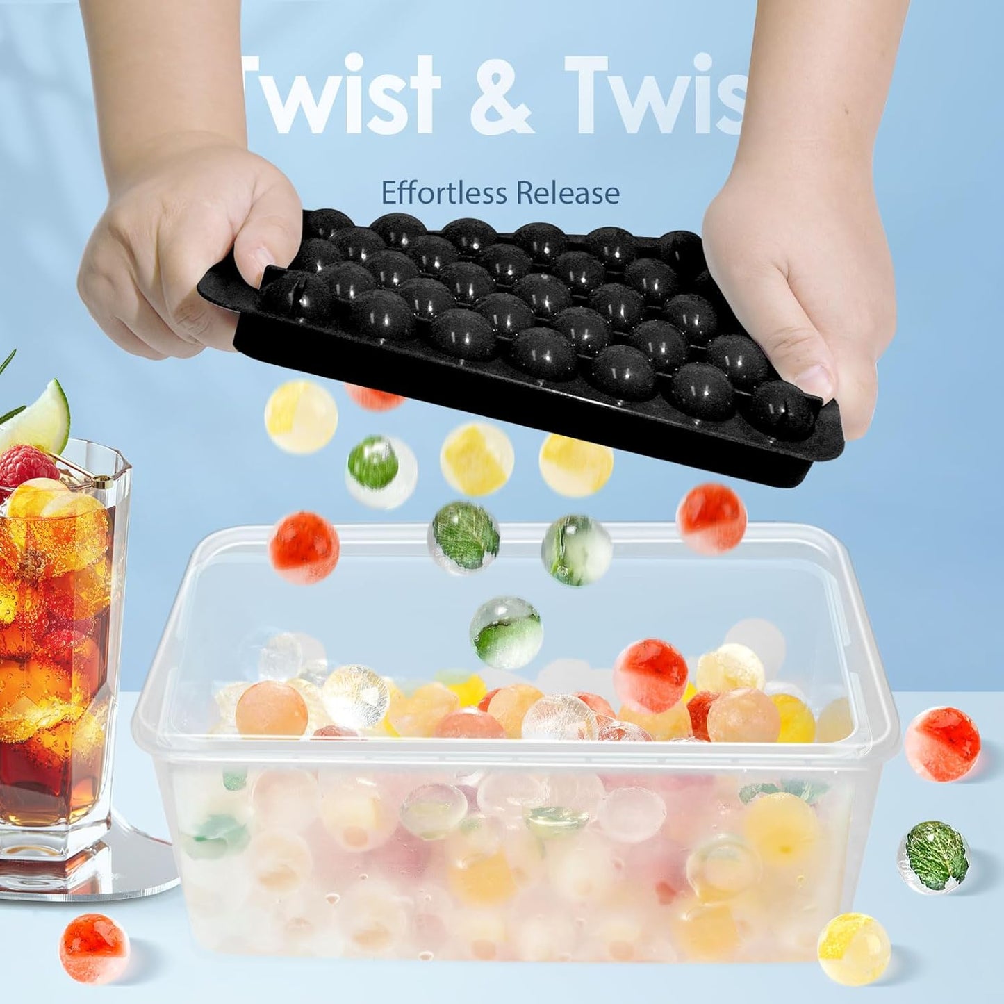 WIBIMEN Ice Cube Tray with Lid and Bin - Round Ice Trays for Freezer with Lid - Ice Cube Trays for Freezer with Ice Container (1"-2PACK Black)