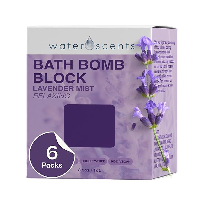 Water Scents Lavender Mist Bath Bomb Block | Vegan, Cruelty-Free & Natural | Lavender Aromatherapy Bath Bomb for Stress Relief & Moisturizing | Handmade Spa Gift for Women, 3.5 oz (6pks)