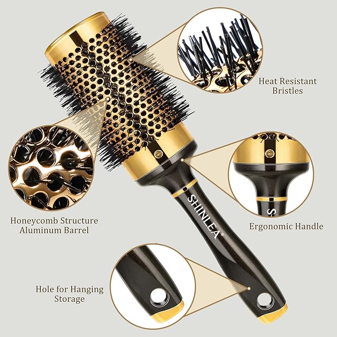 Large Round Brush for Blow Drying, Aluminum Round Hair Brushes for Women, Roller Brush for Blow Drying and Styling, Gold, For Curly and Straight-2 Inch Barrel, 2.95 Inch with Bristles