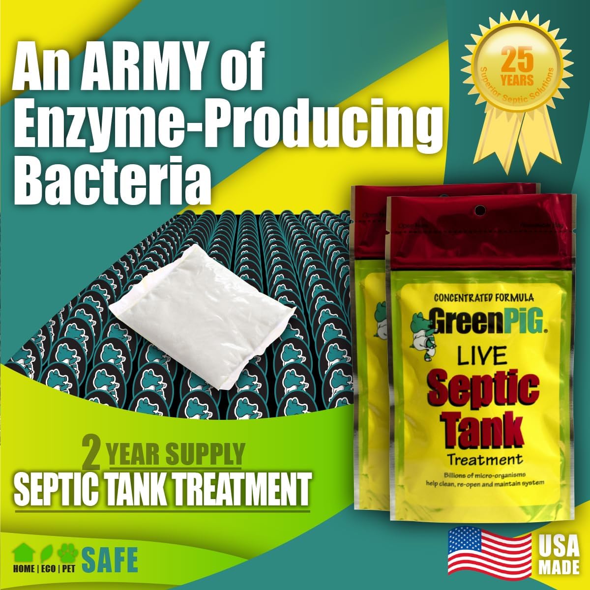 GREEN PIG Septic Tank Treatment - 8 Pods, Septic Safe Clog Remover, Prevents Expensive Septic Tank and Drain Field Failures, 2-Year Supply