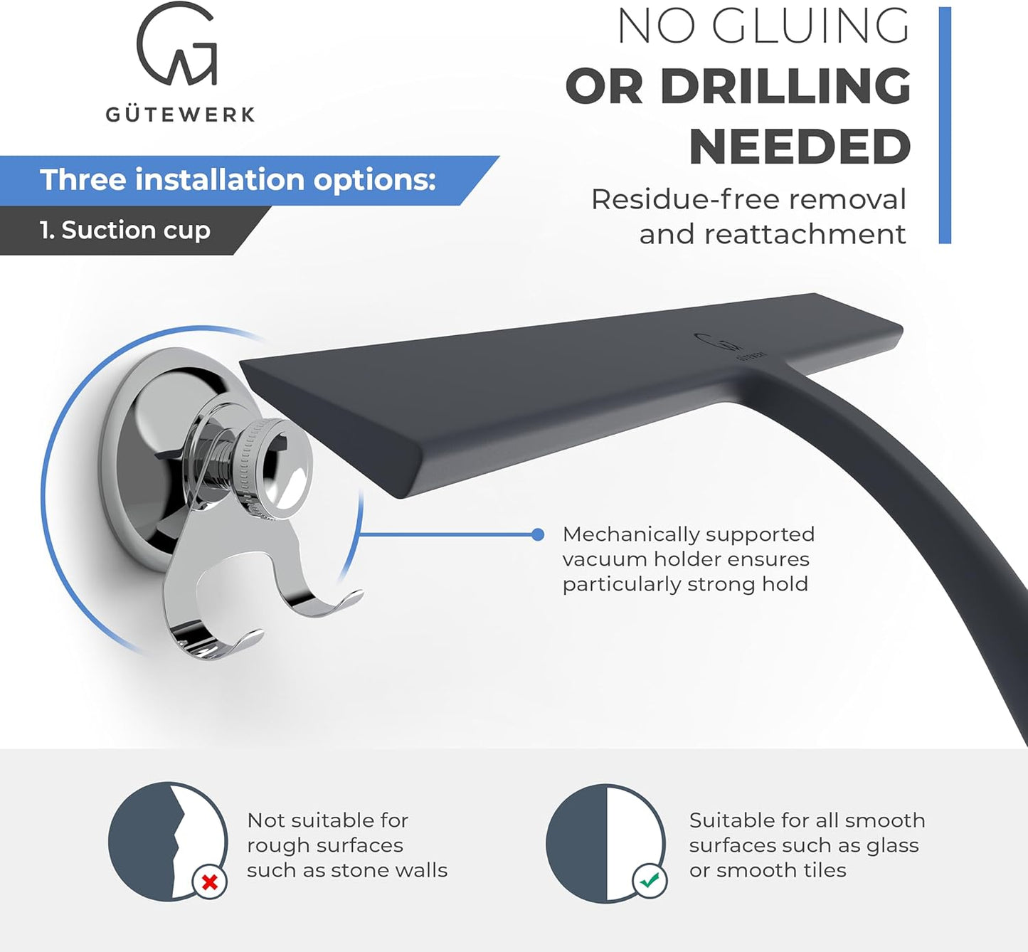 GÜTEWERK Shower Squeegee for Glass Doors, Silicone Window Squeegee, Bathroom and Glass Cleaning - Black - 15 Inch