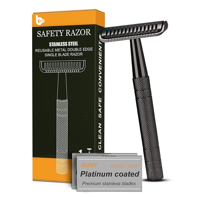 Stainless Steel Safety Razor with 10 Blades, Reusable Metal Single Blade Razors for Men, Long and Heavy Duty Handle, Smooth Close Gentle Shave, Black