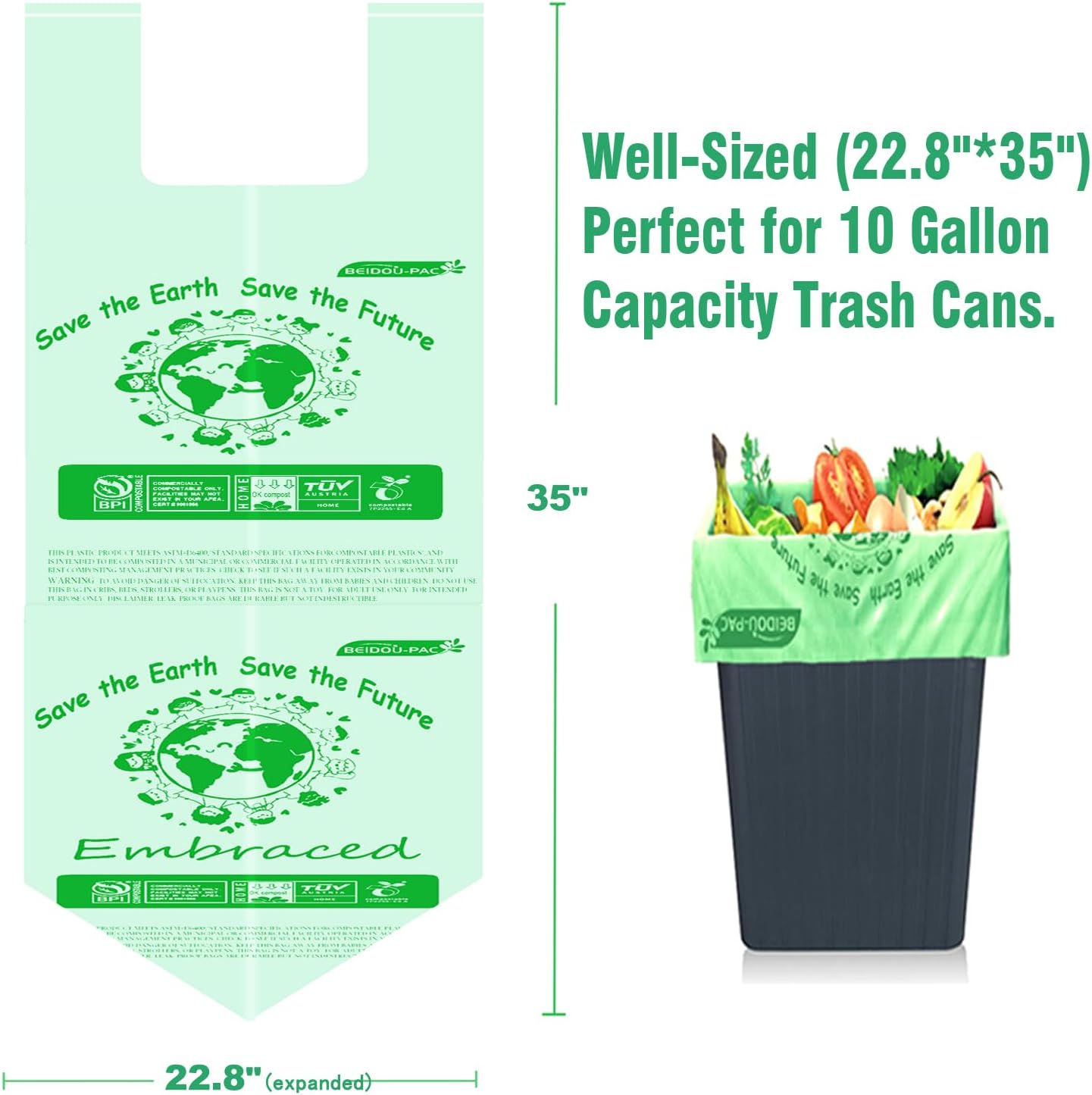 13 Gallon Compostable Tall Kitchen Trash Bags with Handle, 50 Count, Sturdy Biodegradable Garbage Bags for Food Scrap Waste, ASTM D6400, US BPI Certified