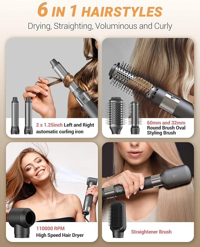 Hair Dryer Brush 6 in 1 Professional Hot Air Styler, 110,000 RPM High-Speed Negative Ionic Hair Dryer, Auto Wrap Curler Frizz-Free Blow Dryer Brush for Curling Volumizing Straightening Styling