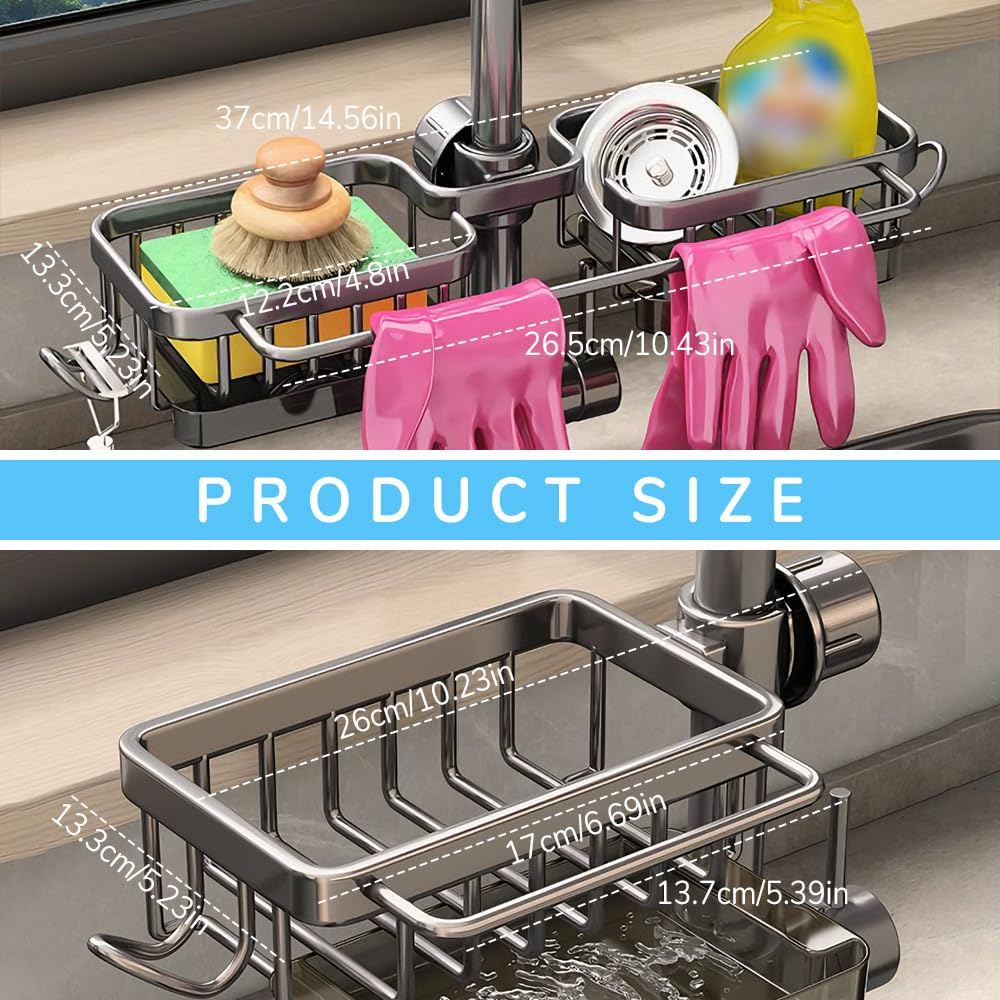 Sink Organizer Rack for Kitchen and Bathroom, 2024 New Kitchen Sink Faucet Organizer with Drip Tray Faucet Sponge Holder (Black, Left+Right)
