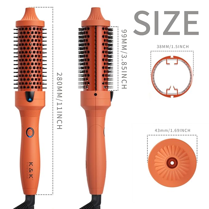 K&K Thermal Brush, 1.5 Inch Heated Round Comb, Professional Heated Curling Ceramic Tourmaline Ionic Curling Iron, Hot Styling Volumizing Brush, Dual Voltage, Orange