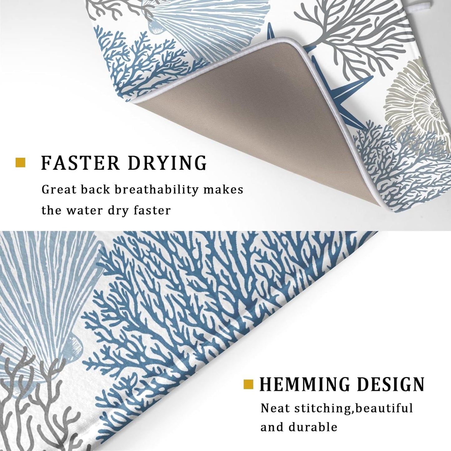 Blue Coral Dish Drying Mat 18x24 Inch Absorbent Reversible Summer Beach Drying Mat Nautical Coastal Starfish Dish Drying Rack Mat Ocean Themed Dish Drainer Mat for Kitchen Counter Coffee Bar