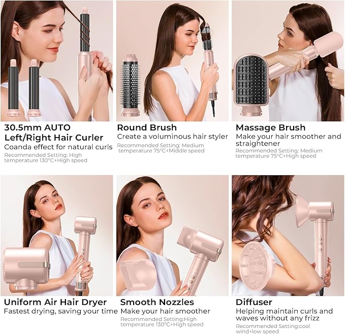 7 in ONE Hair Dryer Brush, Powerful Blow Dryer Brush with Auto- Wrap Curler, Detachable Fast Drying, Volumizing, Curling, Straightening, Ionic Hair Dryer with Diffuser, Hair Styling Tools 100-120V