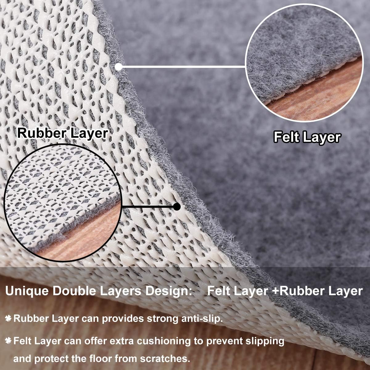 Non Slip Rug Pad Grippers - 2x3, 1/8" Thick, (Felt + Rubber) Double Layers Area Carpet Mat Tap, Provides Protection and Cushioning for Hardwood or Tile Floors