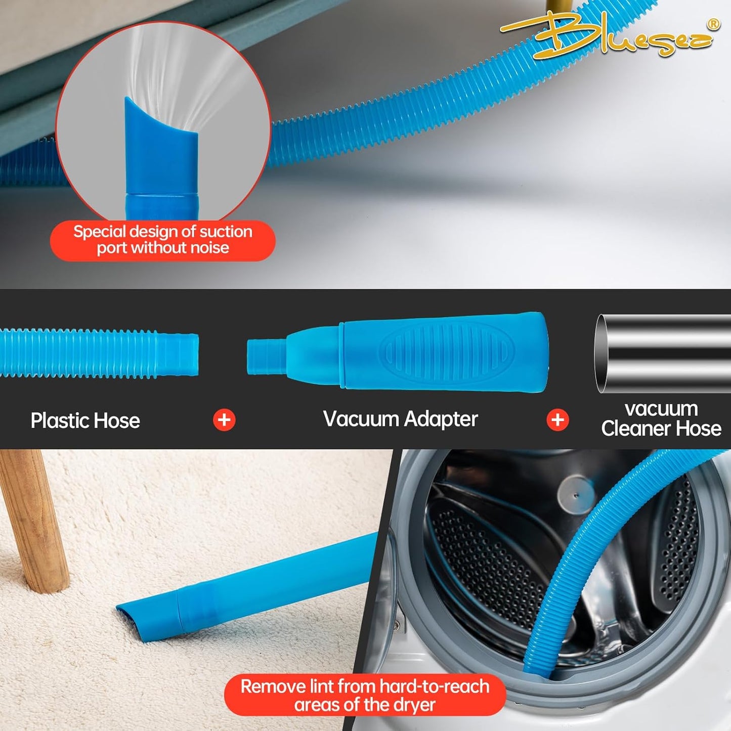 BLuesea Dryer Vent Cleaner Kit, 15-Piece Ultimate Dryer Cleaning Kit Include 30 Feet Dryer Vent Brush, Upgrade Noiseless Dryer Lint Vacuum Attachment, Lint Trap Brush, Vacuum & Dryer Adapters