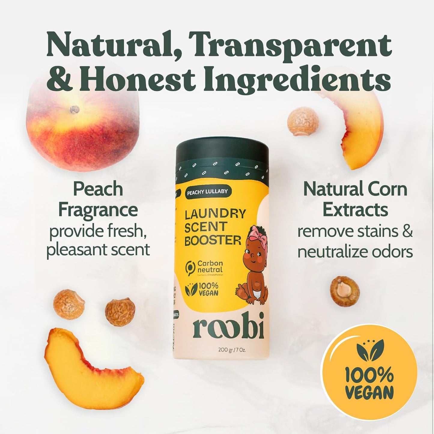 Roobi Baby Laundry Scent Booster. Peachy Lullaby Fragrance Beads. Specially Formulated for Baby's Sensitive Skin. Up to 20 Washing Cycles. Carbon Neutral, 100% Vegan.