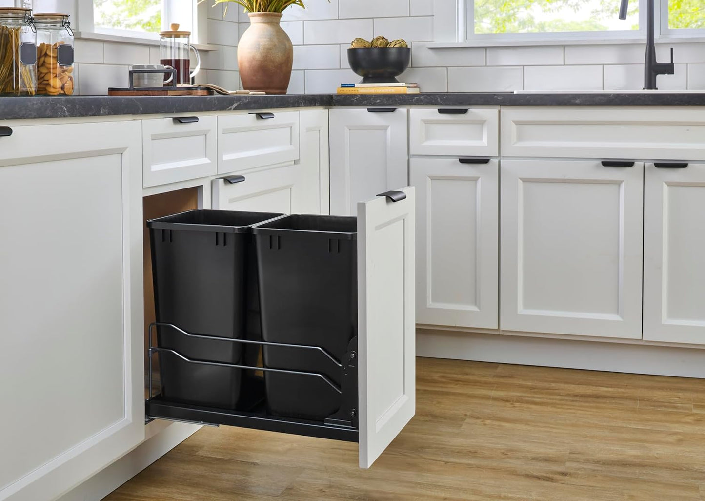 Rev-A-Shelf Pullout Dual Trash Cans for Full Height Kitchen Garbage Cabinet 50 Quart 12.5 Gallon with Soft-Close Slides, Orion Gray, 53WC-2150SCDM-213