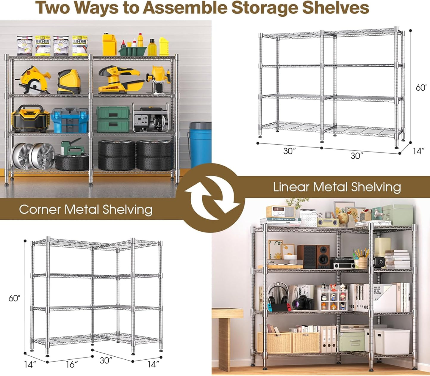 Himimi 4-Tier Heavy Duty Metal Storage Rack, 1200LBS Adjustable Wire Shelving for Storage, Standing Storage Shelf Units for Kitchen Garage Pantry Laundry, 60" W x 14" D x 60" H, Silver