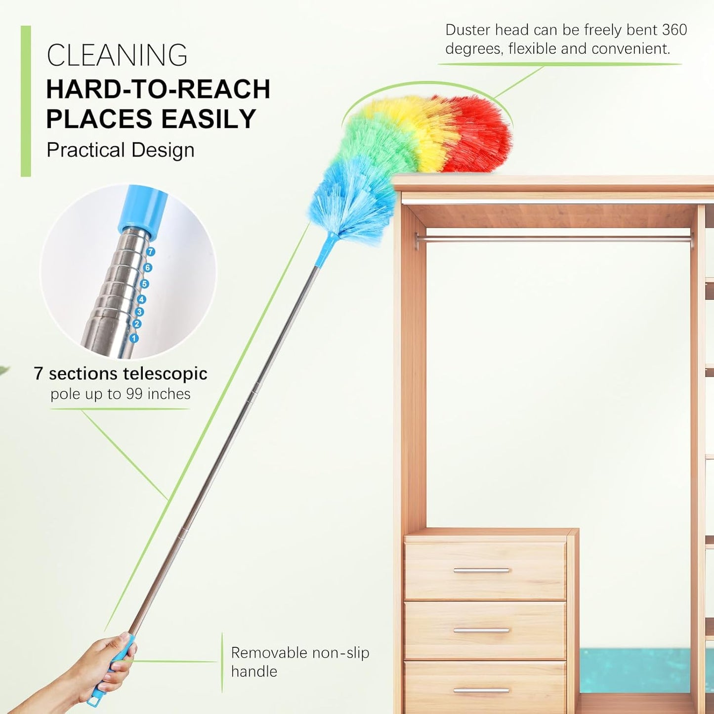 Rainbow Extendable Static Duster Reusable Microfiber Duster with 100" Telescoping Pole, Beandable and Washable Dusters Head for Cleaning Ceiling, Fan, Furniture