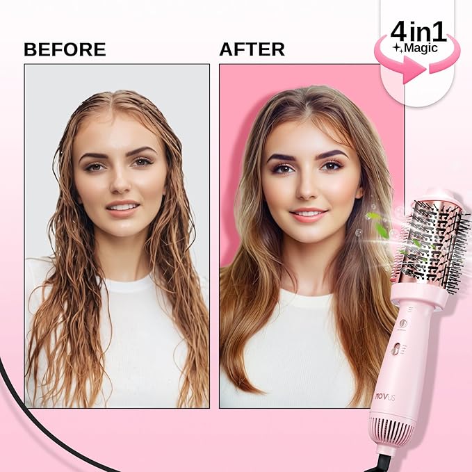 4-in-1 Blow Dryer Brush & Hair Straightener - NOVUS Ionic Hot Air Styler with Titanium Barrel, Volumizer for Frizz-Free Smoothing, Blowout Tool for All Hair Types (Pink)