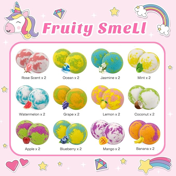 2025 New Year Themed Bath Bombs for Kids, 24 Bath Bombs with Surprise Jewelry Inside, Kids Bath Bombs with Unicorn Jewelrys for Birthday Gifts, Party Favors, New Year Gifts, Countdown to Any Events