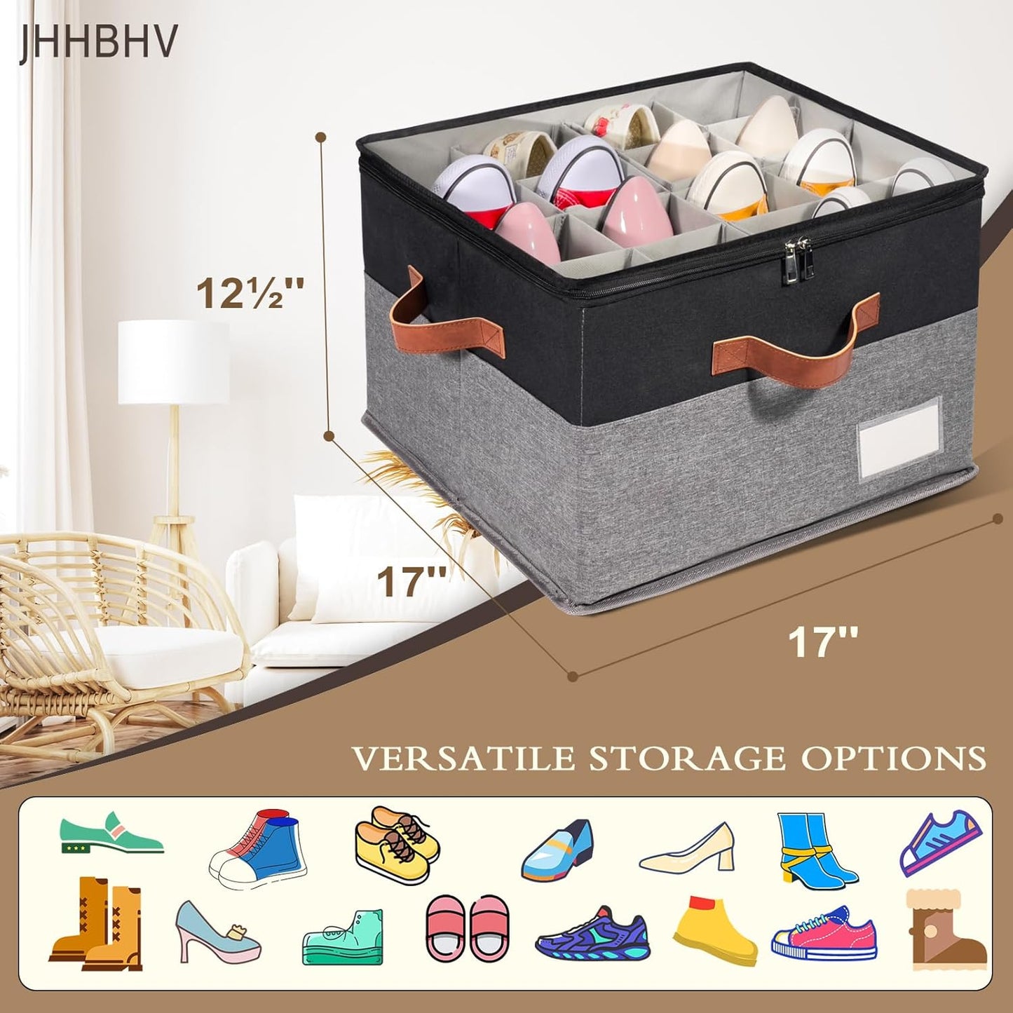 1 Pack Shoe Organizer for Closet, Adjustable Shoe Box Storage Containers, Large Foldable Shoe Bins with Clear Cover, Space Saving Shoes Holder with 4 Handles, Fits 8-16 Pairs, Black