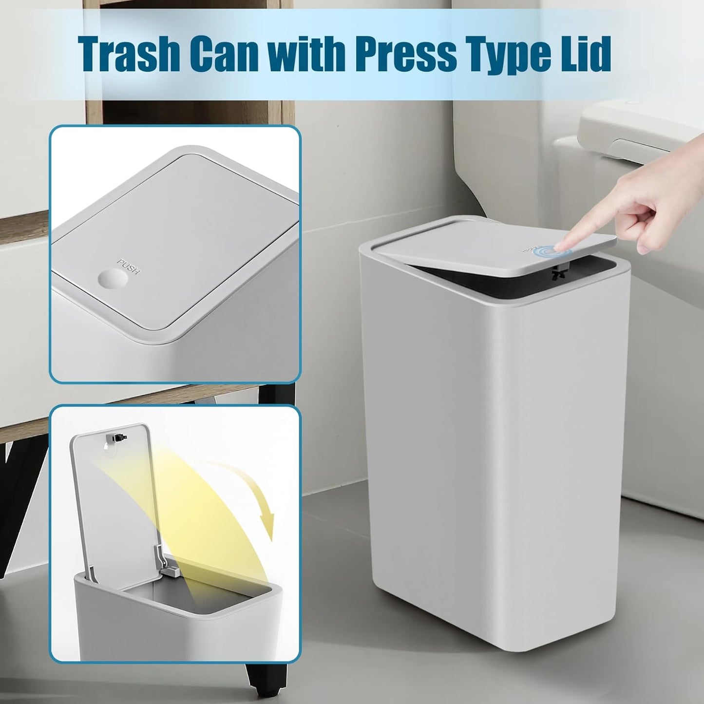 TIPGO Bathroom Trash Can with Lid, 10 Liter/ 2.6 Gallon Slim Garbage Can, Small Trash Bin Waste Basket with Pop-Up Lid for Kitchen, Bedroom, Living Room, Office (Grey)