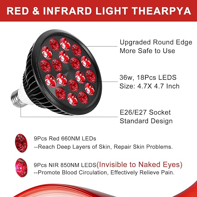 Red Light Therapy Bulb with Adjustable Socket Clamp, 18 LEDs Red Light Therapy with Lamp Holder for Body and Face with 660nm Red and 850nm Infrared Light Therapy Device for Skin Care Pain Relief