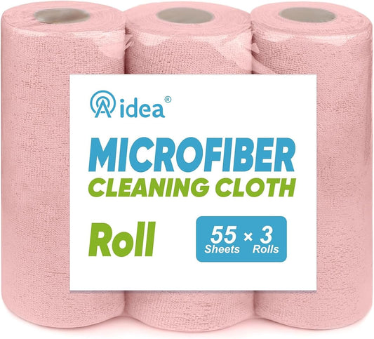 AIDEA Microfiber Cleaning Cloth 165 Sheets 3 Roll, Pink, Microfiber Towels for Cars, Shop Towels, Shop Rags Washable,Cleaning Rags Reusable Paper Towels for Automotive, Workshops, House,11×9"