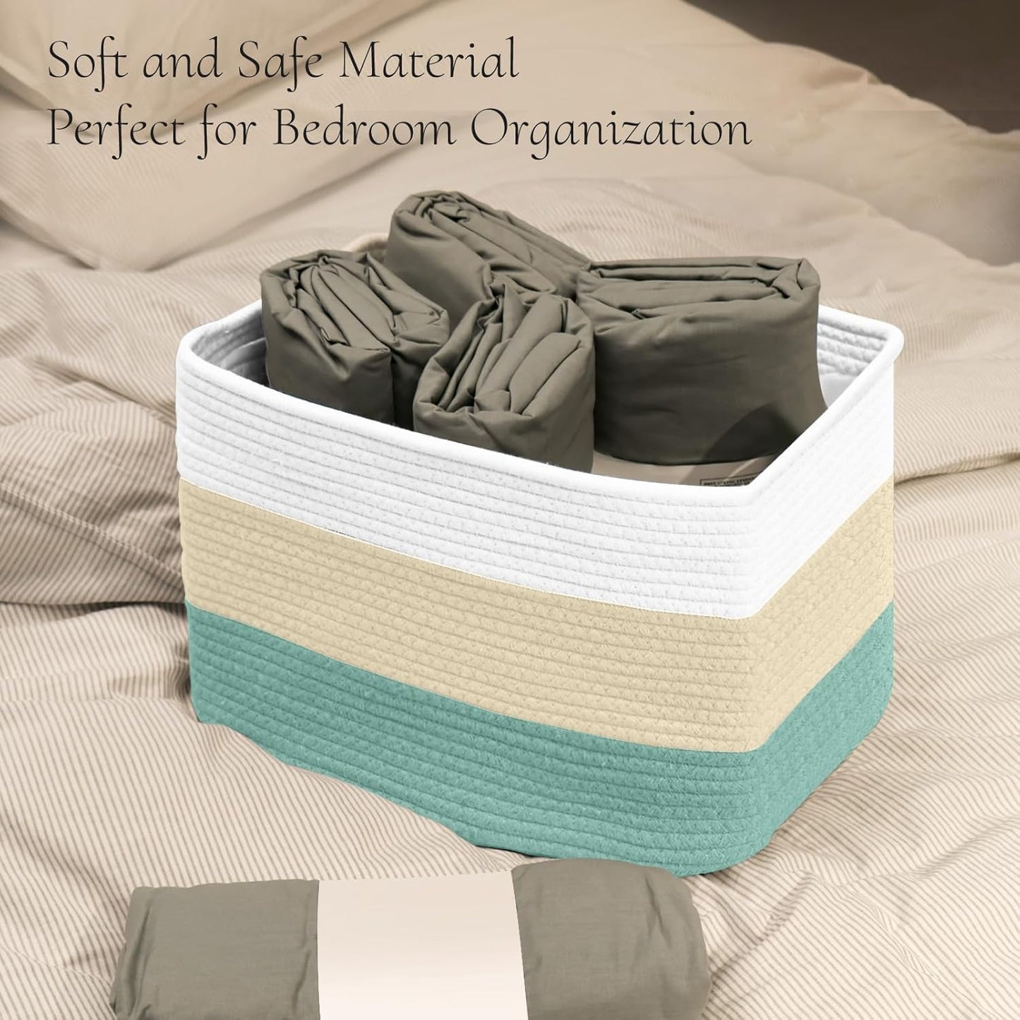 Hopegiver Woven Storage Baskets 15x11x10 Inch, 3 Pack Collapsible Cube Storage Bin for Shelves - Foldable Cotton Rope Organizer Bins for Towels, Toys, Books, Closet, Nursery (White Cream Green)