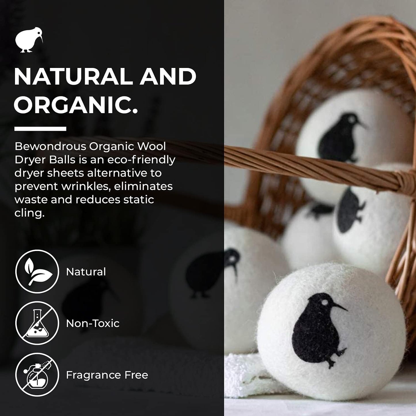 Wool Dryer Balls XL, 100% New Zealand Organic Wool - Reusable Natural Fabric Softener for Laundry, Dryer Sheets Alternative - Prevent Wrinkles and Anti Static (Black, 4-Pack)