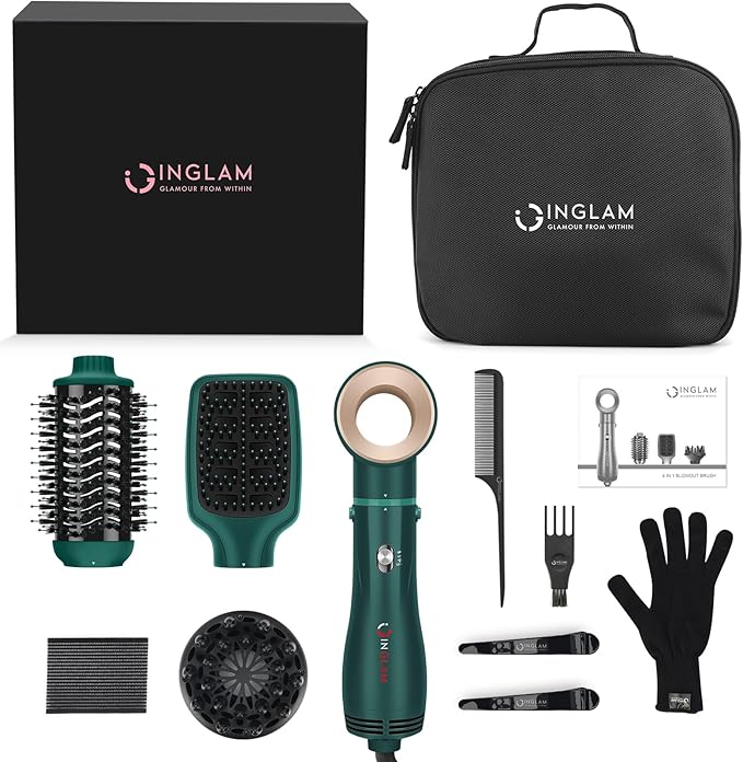 IG INGLAM Hair Dryer Brush, 4-in-1 Detachable Blow Dryer Brush, Ionic Diffuser Hair Dryer & Styler Volumizer with Oval Titanium Barrel, One-Step Hot Air Blowout Styler, Dark Green