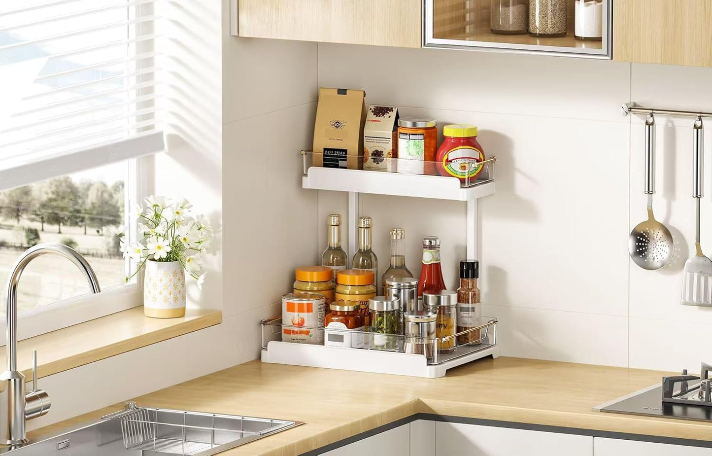 heart & home 1-Pack Under Sink Storage Organizer for Kitchen & Bathroom Cabinets with Removable Washable Tray, Tool-Free Assembly – Multi-Purpose for Kitchen Countertop, Vanity, & Laundry Room，White