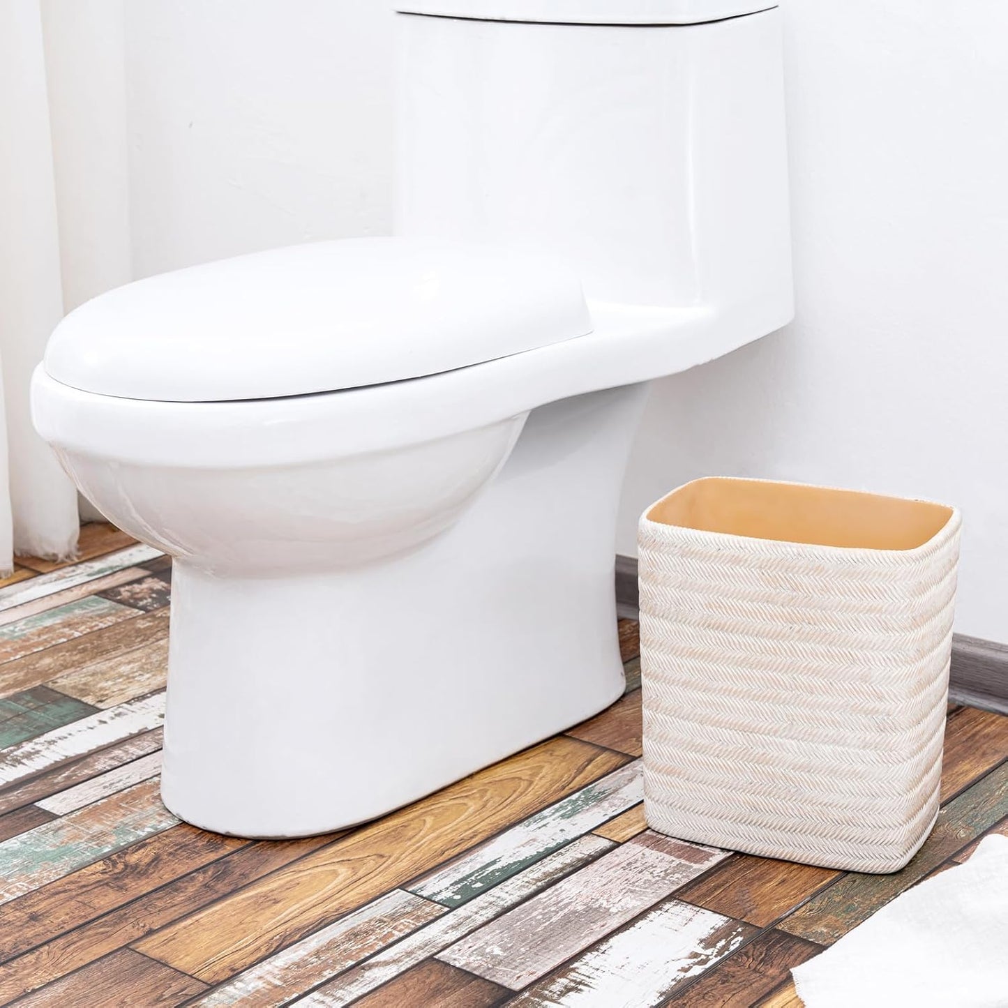 Polytree Bathroom Trash Can 1.8 Gallon Small Kitchen Garbage Can,Decor Wastebasket for Bedroom Office,Resin Hand-Carved Bamboo Wicker,Farmhouse White