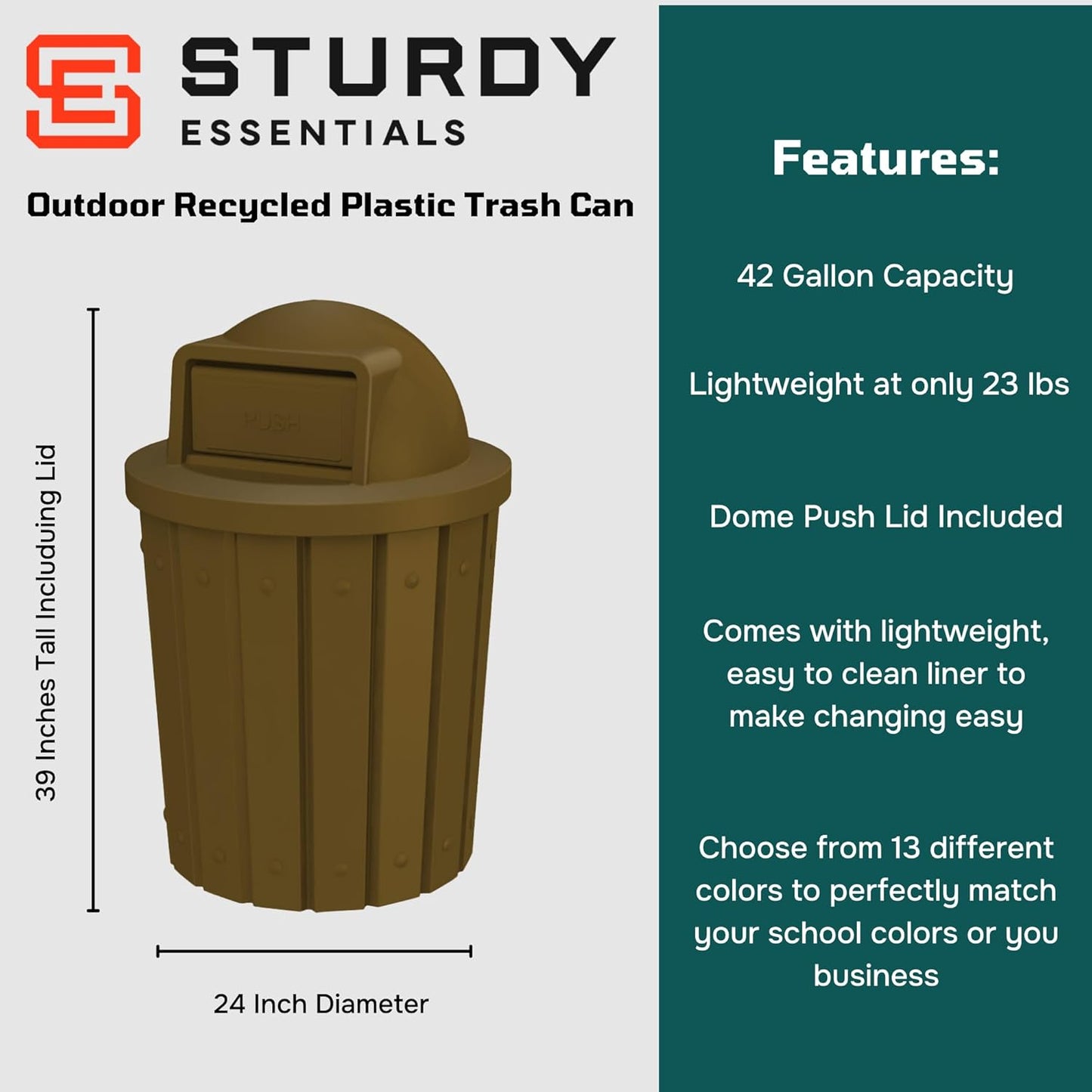 42 Gallon Slated Circle 100% Recycled Plastic Heavy Duty Outdoor Trash Can with Push Open Dome Lid and Internal Liner - Great for Schools and Businesses - Brown