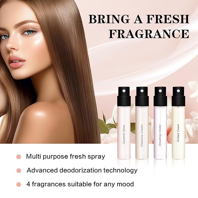 Travel Size Hair Perfume Spray Set for Women, 4 x 0.05 Fl Oz Long Lasting Fresh Scent, Mini Deodorizing Hair Mist, Portable Fragrance Gift Set
