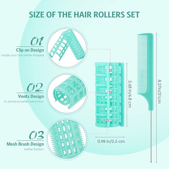 Syhood 24 Pieces Hair Roller, Small Size Plastic Hair Rollers Curlers with Steel Pintail Comb for Short Long Hairdressing Styling Tools (0.98 x 2.67 Inch, Light Green)