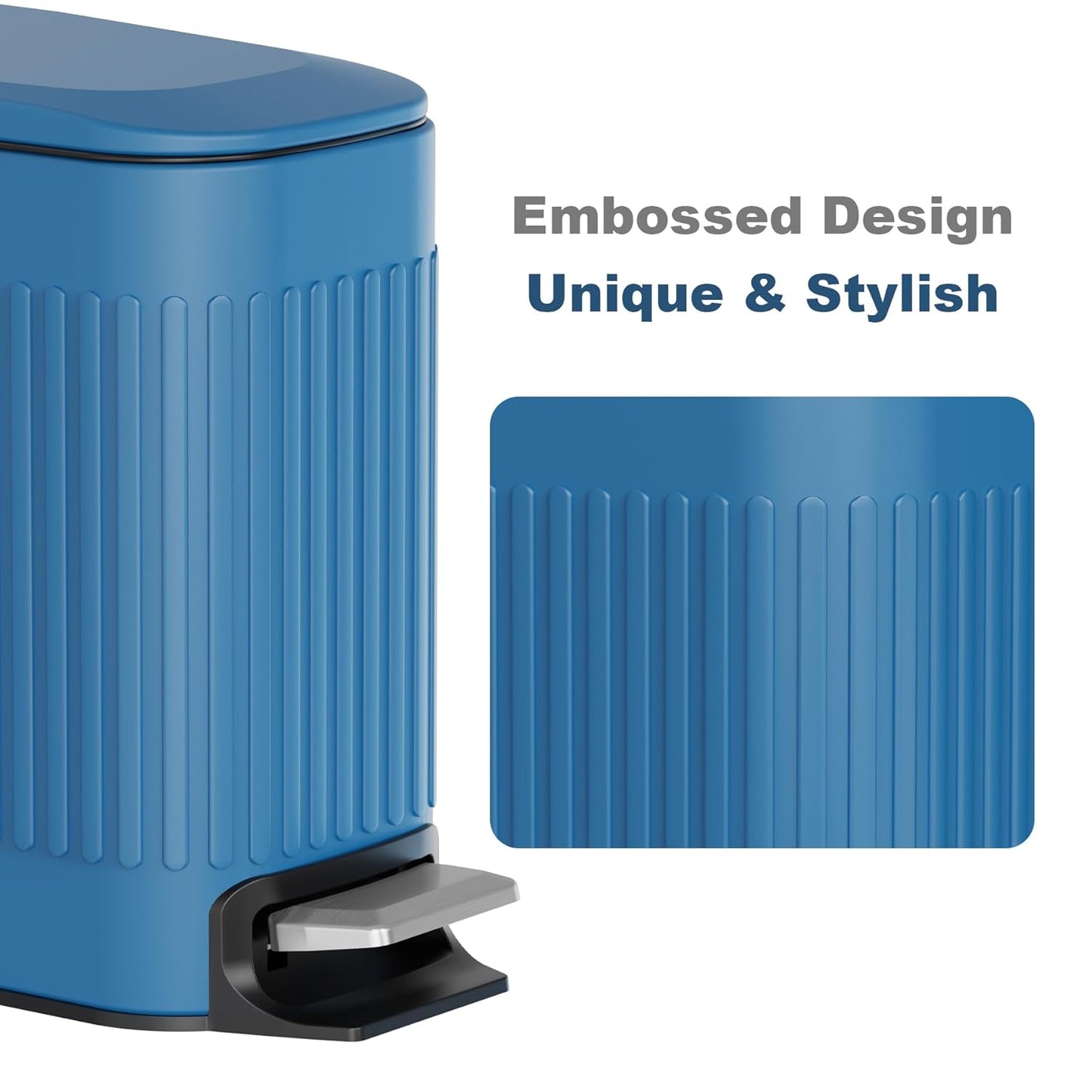 TrashAid Slim Bathroom Trash Can with Lid Soft Close, 6 Liter/1.6 Gallon Stainless Steel Small Garbage Can with Removable Inner Bucket, Step Pedal, Slim Wastebasket for Toilet, Office, Bedroom, Blue