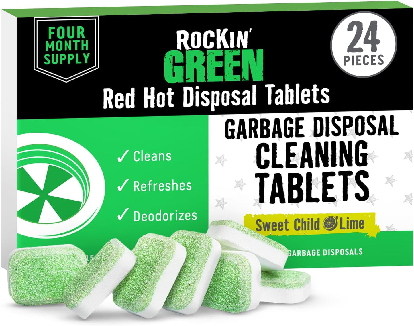 Rockin' Green Deep Cleaning and Deodorizing Tablets for Dishwashers, Washing Machines, and Garbage Disposals, Removes Odor and Residue (Garbage Disposal Cleaning Tablets, 24 Pack)