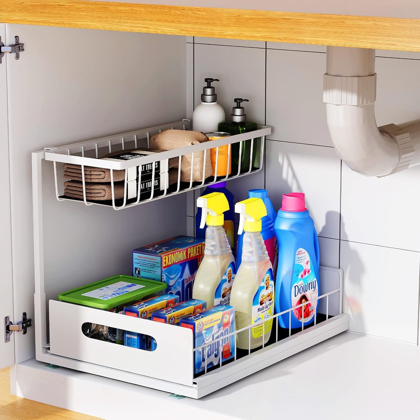 Under Sink Organizer, 2 Tier Under Sink Organizers and Storage Multi-Purpose Under Sink Storage for Bathroom Kitchen (White)